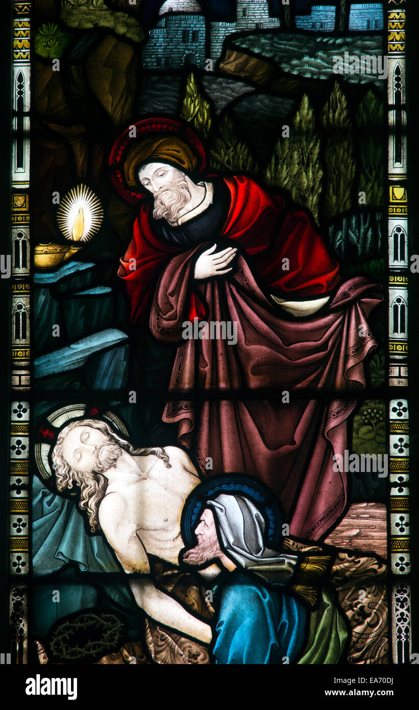 Joseph of Arimathea and Nicodemus stained glass, St. Mark`s Church, Leamington Spa, UK Stock Photo